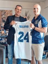 SG1 Councilman Dan Chiariello presents a Sparta High School jersey to Michalis Vakalopoulos, mayor of Sparta, Greece. (Photo provided)