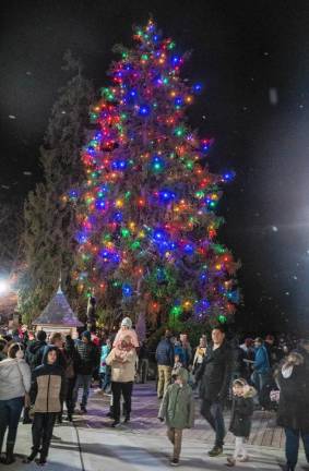 The Christmas tree is lit up.