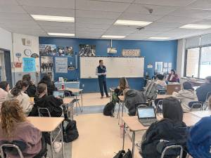 State Assemblyman Michael Inganamort speaks to students at Sparta High School on Feb. 12. (Photo provided)