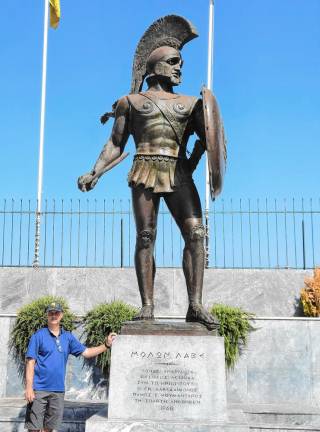 Councilman Dan Chiariello with a statue of King Leonidas.