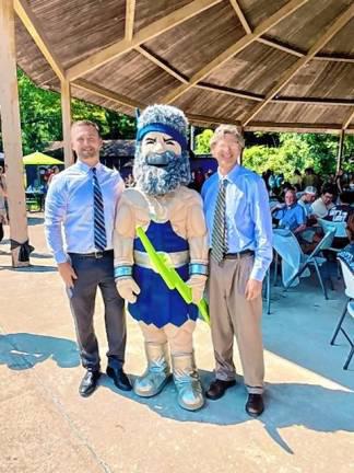 Sussex County Community College president Jon Connolly, right, and Cory Homer, vice president of student success, pose with Skylor the Mascot at the annual New Student Orientation on Aug. 28. (File photo)