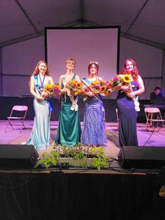 <b>Miss Lafayette Chaya Ortega, second from right, was crowned 2024 Queen of the Fair on Saturday, Aug. 3. From left are Miss Franklin Makayla Snyder, who won the People’s Choice award; Miss Newton Allison Iliff, second runner-up; and Miss Hardyston Kristen Silipena, first runner-up. (Photos by Sammie Finch)</b>