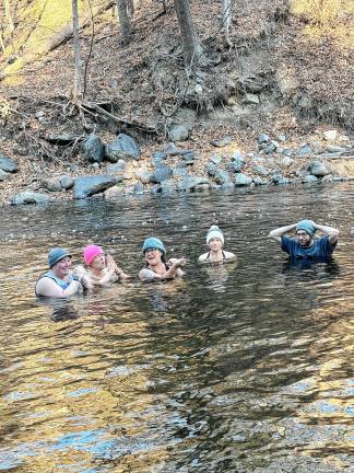 Members of the Sandyston Plunge Club take a dip in the water almost daily no matter the temperature. From left are Amanda Marra, Barbara Cooper, Lisa Hess, Allison Reynolds and Matt Studer. (Photos provided)