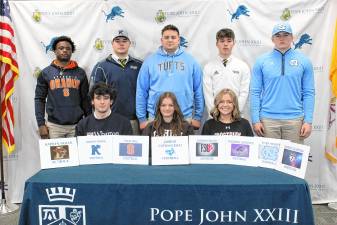 Eight seniors at Pope John XXIII Regional High School have agreed to play sports in college. Bottom row, from left, are Donny Almeyda, wrestling at the University of Pennsylvania; Katelyn Nolan, cross country/track at Lehigh University; and Jordyn Smith, lacrosse at Frostburg State University. Top row, from left, Tylik Hill, football at Syracuse University; Joseph Pappa, football at Kean University; Jarrod Cofrancesco, football at Tufts University; Andrew Sanchez, football at Stonehill College; and Tyler Houser, football at University of North Carolina. (Photo provided)