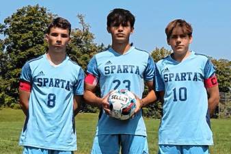 From left, seniors Patrick Connors, Mitch Veron and Tobias Gomez were captains of the Sparta High School boys soccer team. (Photo provided)