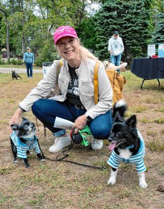 Debra Hadley with Rocky and Gus, Chihuahua Papillon mixes.