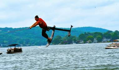 Damon Jenkins performs flips on his hydrofoil during the Ski Hawks’ first show of the season on Memorial Day. (Photos by Maria Kovic)