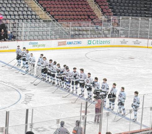 KJ2 The Kinnelon/Jefferson/Sparta ice hockey team lines up Monday, March 10 at the Prudential Center in Newark. (Photos by Aidan Mastandrea)