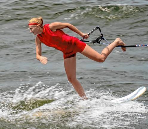 Meghan Lieb performing on her swivel ski.