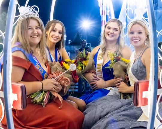 From left are 2023 Queen of the Fair Ashleigh Dickson; Miss Hardyston Kayla Van Ginneken, who won the People’s Choice Award; first runner-up Miss Wantage Mackenzie Baker; and second runner-up Miss Lafayette Amelya Race.