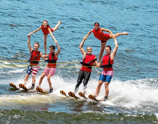 During the Ski Hawks show Thursday, July 4 on Lake Mohawk, Liam Askin and Jack Smith perform trios with Scarlett Dalfol and Tom Askin and Carter Higgins perform trios with Julia Smith.