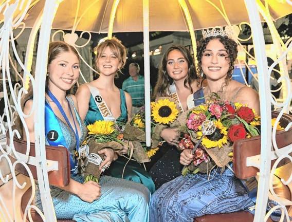 <b>Miss Lafayette Chaya Ortega, right, 2024 Queen of the Fair, with, from left, Miss Franklin Makayla Snyder, who won the People’s Choice award; Miss Newton Allison Iliff, second runner-up; and Miss Hardyston Kristen Silipena, first runner-up.</b>