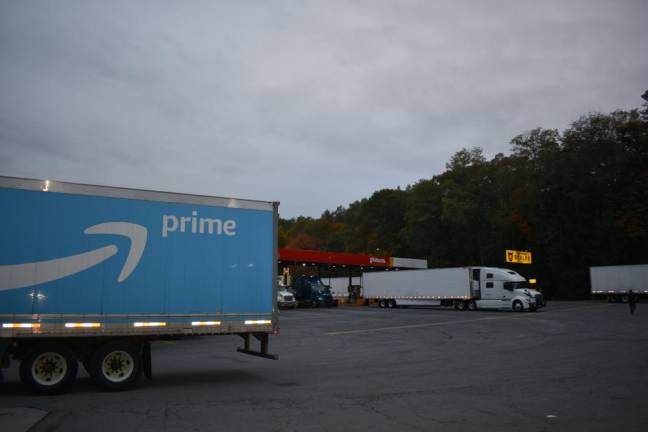 Trucks at a gas station/truck stop in Newburgh, a couple miles from the county’s first million-square-foot warehouse: an Amazon fulfillment center built in 2021 in Montgomery.