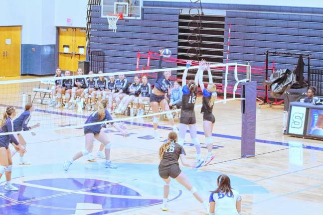 Sparta's Lea Tsamadias (20) leaps and strikes the ball. She made three kills, two digs, 11 service points and eight aces.