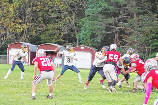 <b>Vernon quarterback Aden Karwoski is about to throw the ball in the first half. He passed for 131 yards and one touchdown. (Photo by George Leroy Hunter)</b>