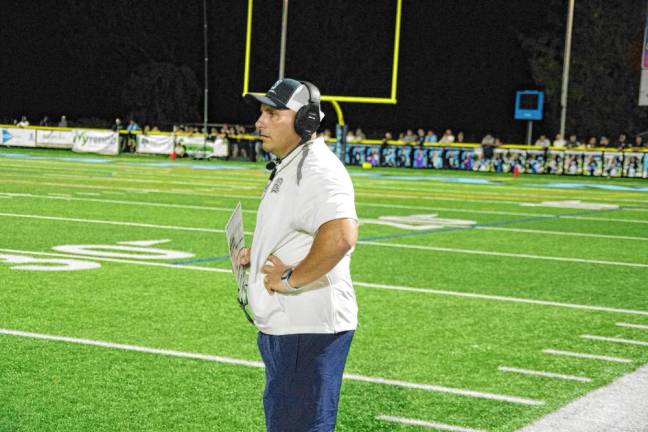 <b>Sparta High School football head coach Frank Marchiano watches from the sideline.</b>