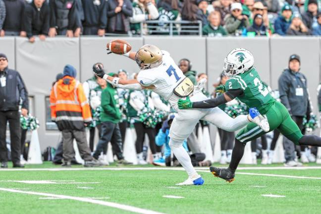 Pope John’s Nick Struble makes the catch for the longest pass play of the day for the Lions. DePaul’s Ryhen Thomas is defending.