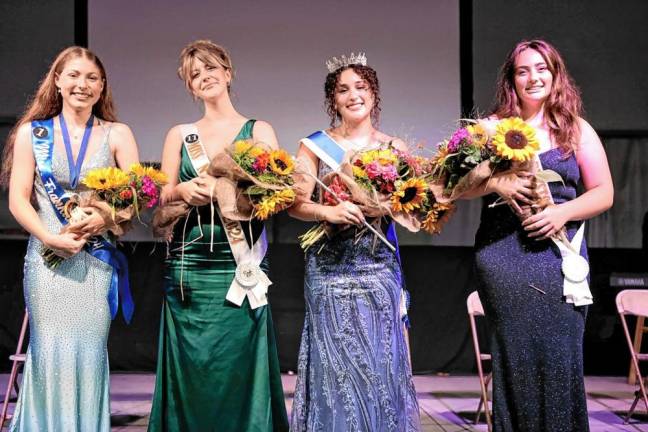 <b>Miss Lafayette Chaya Ortega, second from right, was crowned 2024 Queen of the Fair on Saturday, Aug. 3. From left are Miss Franklin Makayla Snyder, who won the People’s Choice award; Miss Newton Allison Iliff, second runner-up; and Miss Hardyston Kristen Silipena, first runner-up. (Photos by Sammie Finch)</b>