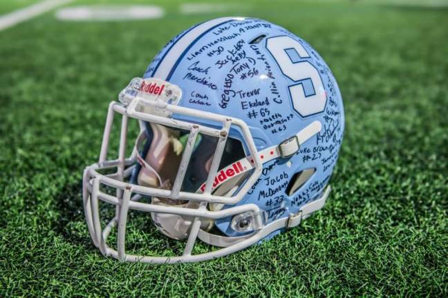 A helmet given to Daniel Bachkhaz was signed by the Sparta High School varsity football team. (Photo courtesy of Laura Bachkhaz)