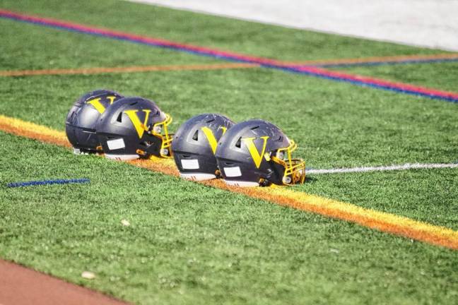 <b>Vernon Township High School football helmets in a row.</b>