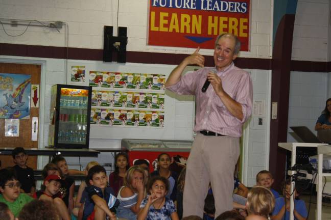 New York Times Bestselling author Peter Lerangis gives an animtated presentation to fourth graders at Helen Morgan on Oct.10.