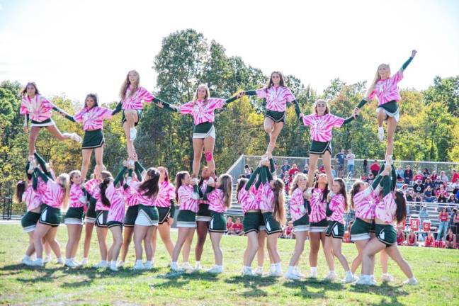 <b>The Sussex County Technical School cheerleaders put on an acrobatic halftime show. They wear pink for Breast Cancer Awareness Month. (Photo by George Leroy Hunter)</b>