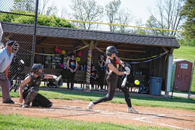 Wallkill Valley batter Jackie Schels connects with the ball early in the game. She scored one run.