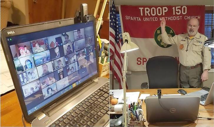 Scoutmaster Joe Fucito joins the Scout of Troop 150 reciting the Scout Oath as they start their first virtual Troop meeting