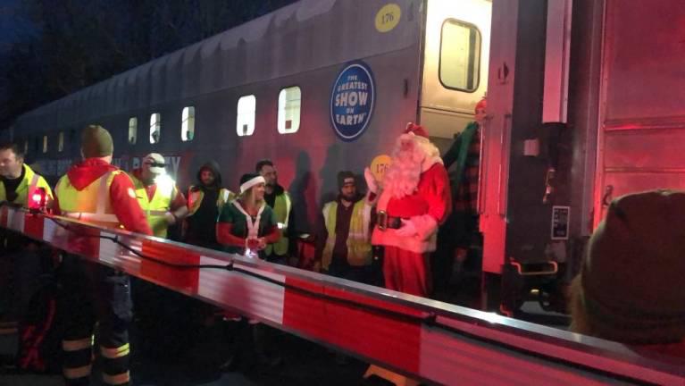 <b>Santa emerges from the train in Vernon in 2023. (File photo by Kathy Shwiff)</b>