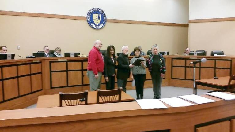 (From left to right): LWVSH member Bill Greenlaw, LWVSH Secretary Toni Zimmer, Mayor Jerard Murphy, LWVSH President Litsa Binder, LWVSH Voter Services Director Susan Pironti.