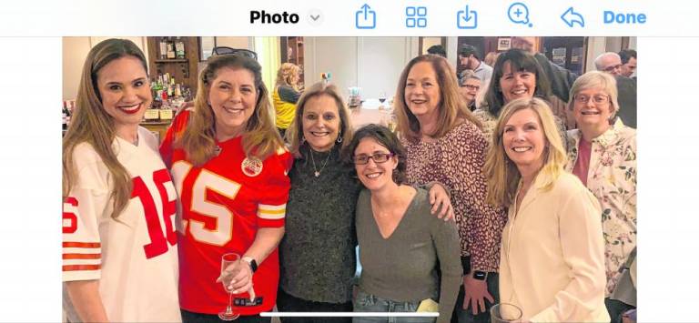 From left, Chelsea and Peggy Thompson, Suzanne and Kristen Sullivan, Laura Sanville, Tairran Moschella, Kim Brick and Betsy Murphy attend a Super Bowl party hosted by the Lake Mohawk Golf Club Women’s Association in Sparta. (Photo provided)