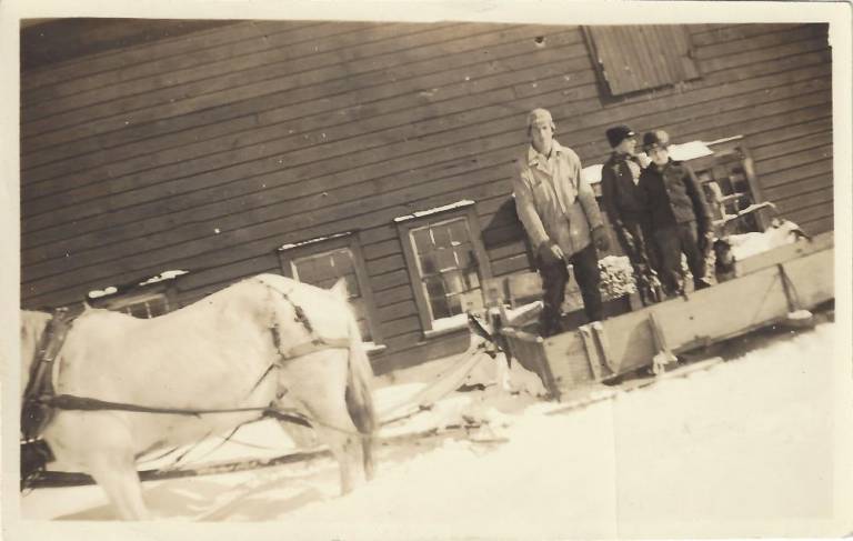 $!A horse pulling a sled. (Photo courtesy of Sparta Historical Society and Marilyn Van Kirk Mull)