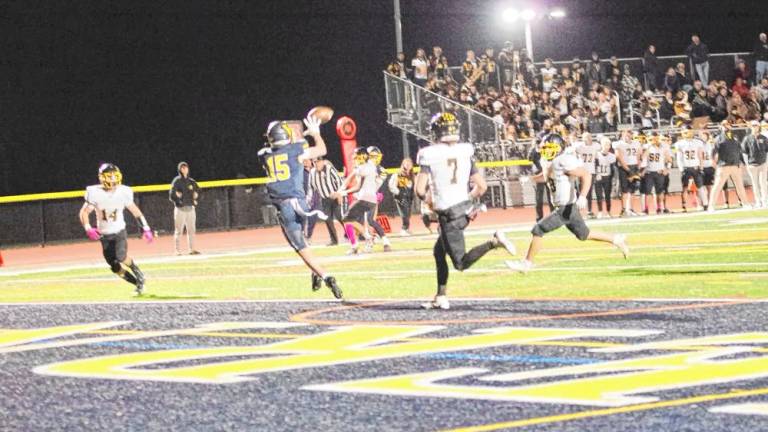 <b>A 15-yard touchdown reception by wideout Dean Grundy (15) gives Vernon a 14-0 lead over West Milford in the second quarter. The Vikings won, 21-0, at home Friday, Oct. 25. (Photos by George Leroy Hunter)</b>