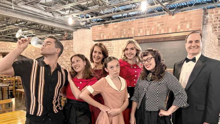 The cast of ‘Death at Underground Pasta’ includes, from left, Tony Ardolino of Lake Hopatcong, Lauren Fraser of Hardyston, Jean Cavaliere of Randolph, Anna Fraser of Hardyston, Tina Firzlaff of Sparta, Samantha DeAquino of Sparta and John Cavaliere of Randolph. (Photo provided)